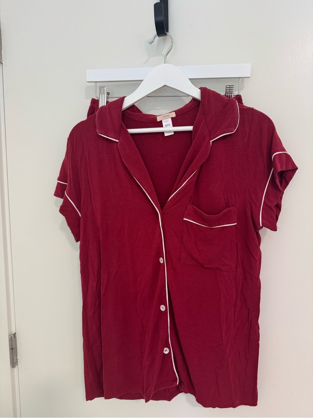Eberjey Wine Short Sleeve Button Pajama Top with White Piping
